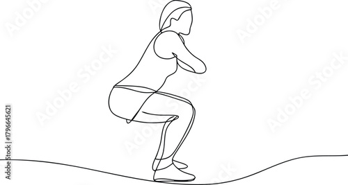 One line drawing of a woman doing a squat fitness exercise