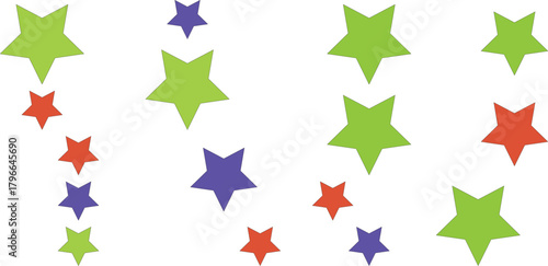 A collection of colorful stars in green, purple, and red, scattered across a white background