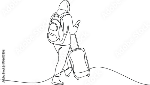 Person with backpack and rolling suitcase using smartphone