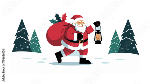 Santa's Festive Journey: A jolly figure, bearing gifts and a lantern, strides through a snowy wonderland. Capturing the spirit of giving and the magic of the season.