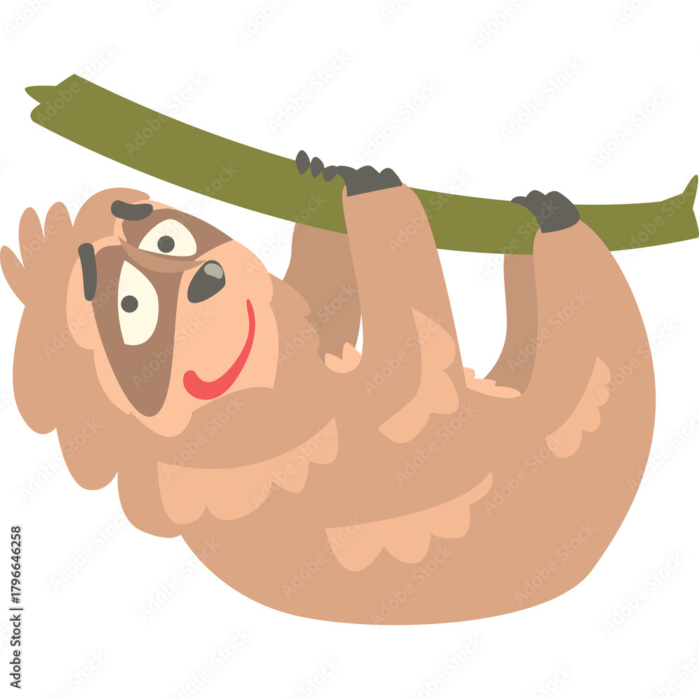 Naklejka premium Smiling Cartoon Sloth Hanging From A Tree Branch With A Transparent Background