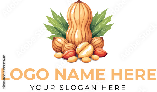 Nut logo vector with peanut shell, almonds, cashews, and green leaves for snack brand or health food identity