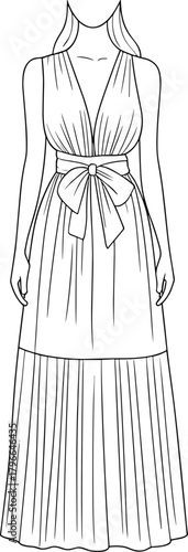 Deep v-neck maxi dress technical flat sketch, front view, vector illustration with bow sash, fashion CAD drawing apparel template.