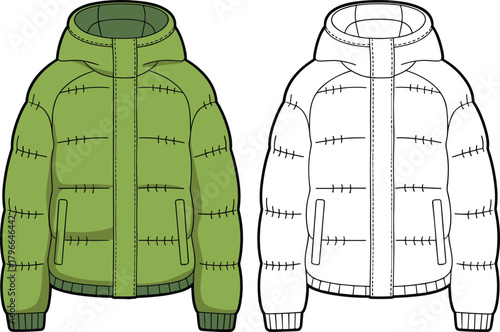 Hooded puffer jacket technical flat sketch set, color and outline, winter outerwear vector illustration, fashion CAD drawing apparel design template.
