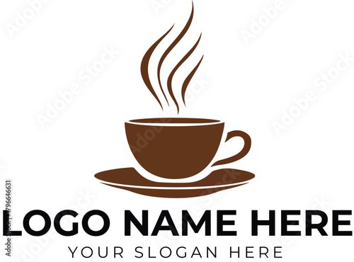 Coffee cup logo vector with steam and saucer in brown tones for café, beverage brand, or food service identity