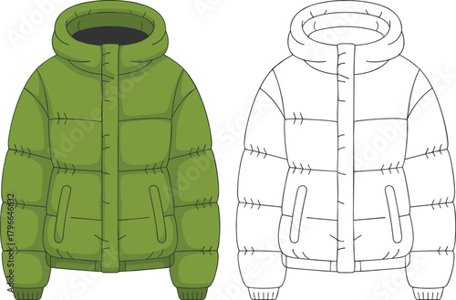 Hooded puffer jacket technical flat sketch, vector illustration set with color and outline, fashion CAD drawing, winter apparel template.