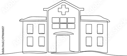 Simple Line Drawing of a Hospital Building with Cross Symbol