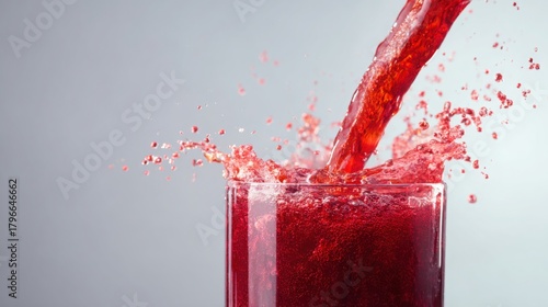 vibrant red fruit juice being poured into a clear glass with dynamic splashing droplets, bright clean background, soft natural lighting, minimalistic