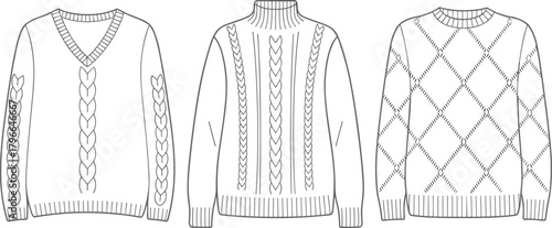 Knitted sweater set technical flat sketches, vector illustration of knitwear, v-neck, turtleneck, argyle, fashion CAD drawing apparel templates.