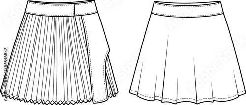 Pleated mini skirt technical flat sketch, front and back view, vector illustration of wrap detail, fashion CAD drawing apparel template.