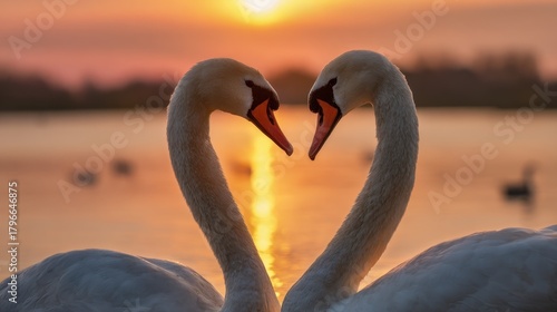 Fototapeta Naklejka Na Ścianę i Meble -  Swan Love in Golden Hour: Two swans form a heart with their necks during a captivating sunset, a symbol of eternal affection, against a picturesque golden backdrop.