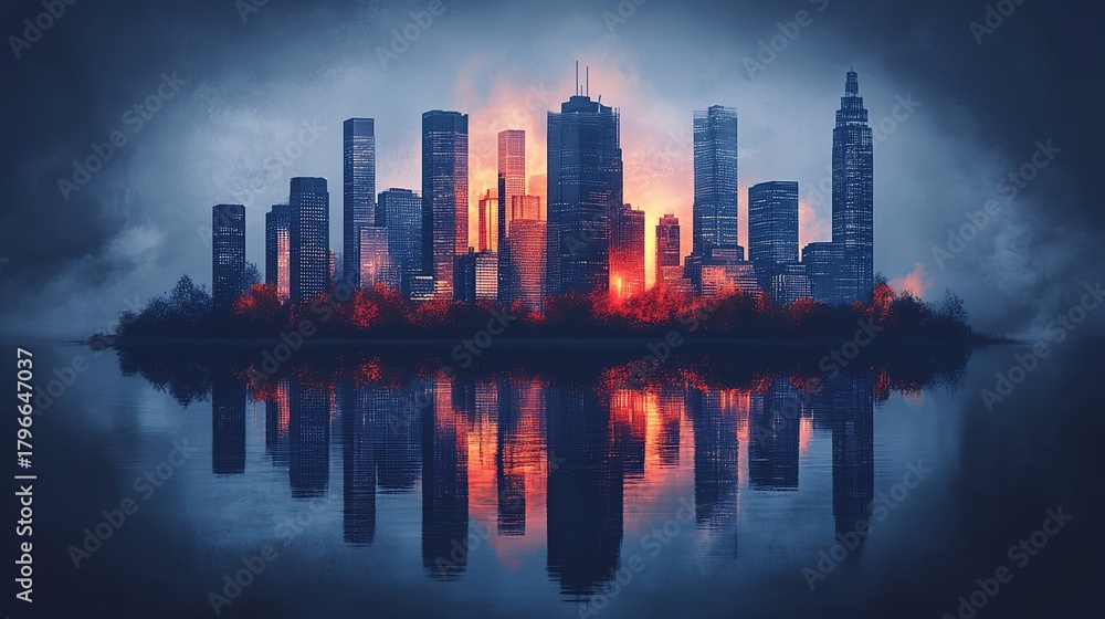 Fototapeta premium A city skyline at dusk is engulfed in flames, with a serene body of water reflecting the fiery spectacle below, creating a dramatic contrast between destruction and tranquility.