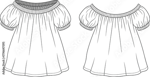 Off-the-shoulder blouse technical flat sketch, front and back view, vector illustration of puff sleeve top, fashion CAD drawing apparel template.