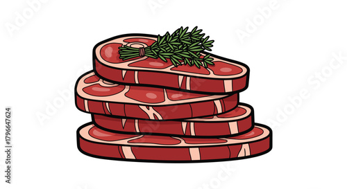 Delicious steak cuts stacked high with fresh rosemary garnish, perfect for grilling or culinary projects, offering vibrant flavor profiles