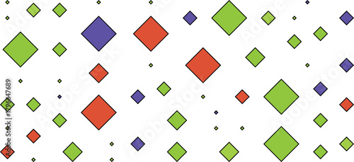Scattered colorful diamond shapes and small dots on a white background