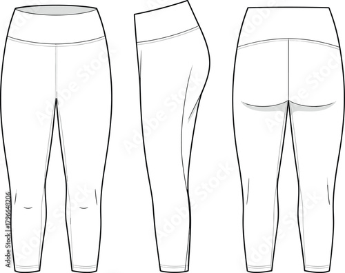 Capri leggings technical flat sketch, front side back view, vector illustration of sportswear, fashion CAD drawing, apparel design template.