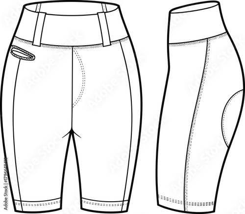 High waist biker shorts technical flat sketch, front and side view, vector illustration, sportswear apparel template, fashion CAD drawing.