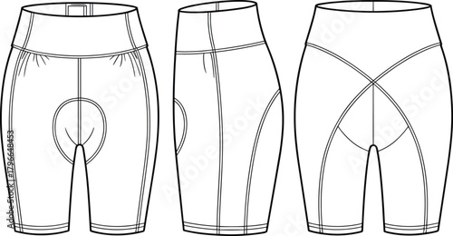 Cycling shorts technical flat sketch, front side back view, sportswear apparel template, with chamois pad, cad drawing flat vector illustration.
