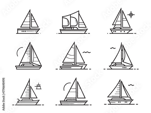 Sailboat with Sail Up line art gliding through soft waves
