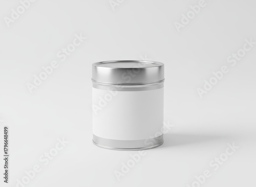 Round metal tin with blank label in studio light