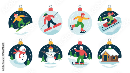 Winter Sports Ornaments: Festive ornaments showcasing winter sports scenes. Each ornament captures the essence of winter activities, a cheerful scene of seasonal fun and festivity.