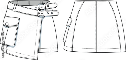 Asymmetrical wrap skirt technical flat sketch, front and back view, vector illustration, fashion CAD drawing with buckle belt and pocket.