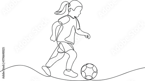 Single line drawing of a girl playing soccer football