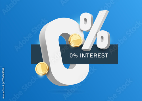 White 3D 0% number and gold coin or dollar flying in the air and in middle there is a black sign for advertising text, 3d vector on blue background for promotion design, free interest or free fees.
