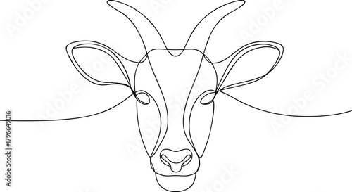 Single line drawing of a goat head with horns animal