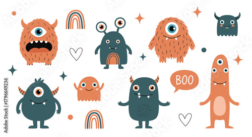Cute and colorful monsters with big eyes and playful expressions in a whimsical pattern.