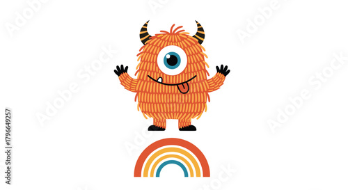 Cute orange fuzzy monster with one eye sticking out its tongue and a rainbow below.