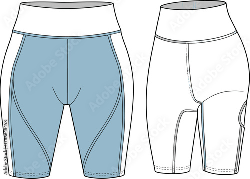 Biker shorts technical flat sketch, high waist sportswear template, with side pocket, fashion apparel, cad drawing flat vector illustration.