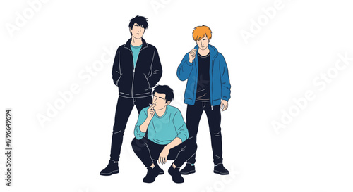 Three stylish young men in casual outfits standing and squatting against a white background.