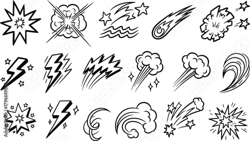 Collection of hand drawn comic book style explosion and weather effect icons in black and white outline