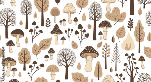 A whimsical pattern of trees and mushrooms in neutral earth tones, perfect for autumn themes.