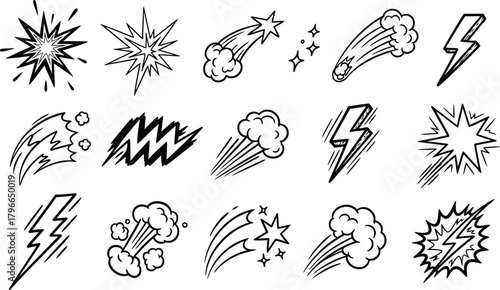 Collection of hand drawn comic book style explosions stars and lightning bolts isolated on white background