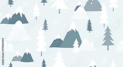 Seamless winter pattern with snow-capped mountains and evergreen trees in cool blue tones.