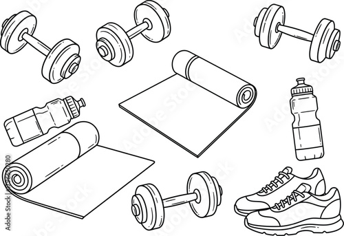 Collection of hand drawn fitness equipment including dumbbells yoga mats water bottles and athletic shoes on a white background