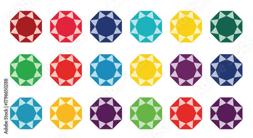 Collection of colorful faceted gemstones arranged in rows on a white background.