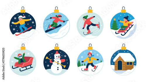 Festive Winter Sports: Delightful collection of ornament, each adorned with a wintry sports scene, including skiing, ice skating, sledding, and snowman.