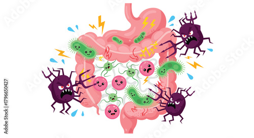 Cartoon illustration of the digestive system under attack by harmful bacteria and viruses.