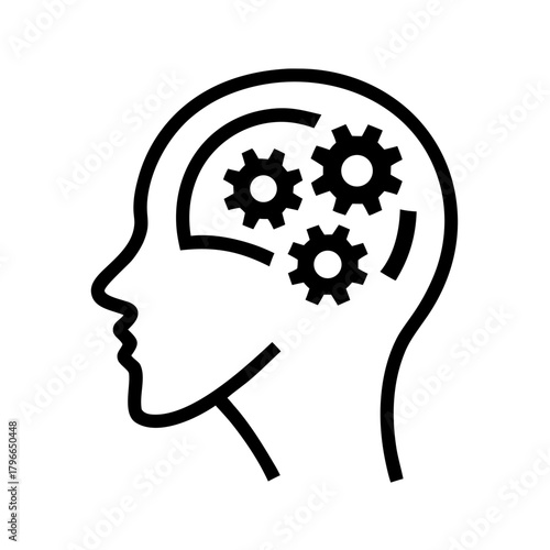 A minimalist brain icon with gears symbolizing focus, mental discipline, and conscious effort.