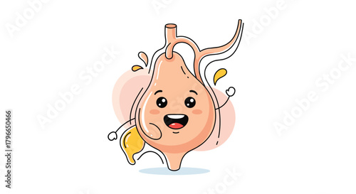 Cute cartoon gallbladder with happy face, arms, and legs, and yellow fluid splatters.