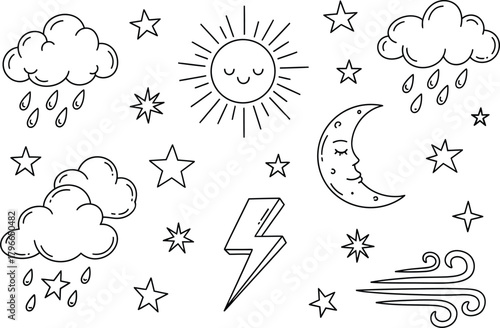 Whimsical hand drawn weather icons featuring sun moon clouds rain stars lightning and wind for creative design elements