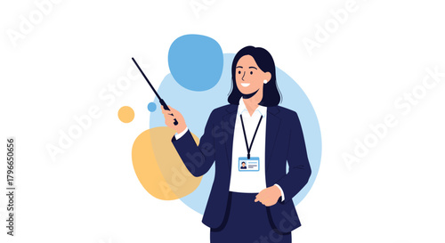 A woman in a dark blue suit points with a stick, with abstract circles in the background.