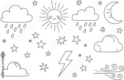 Whimsical hand drawn weather icons including sun moon clouds rain lightning stars and wind for children s illustrations and designs