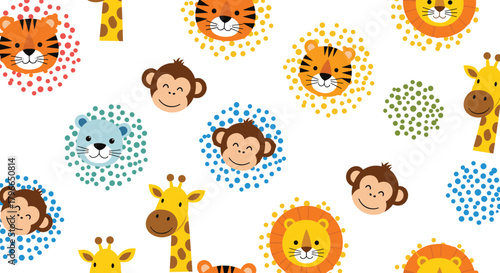 A seamless pattern of cute cartoon jungle animals like tigers, monkeys, lions, and giraffes on a white background.