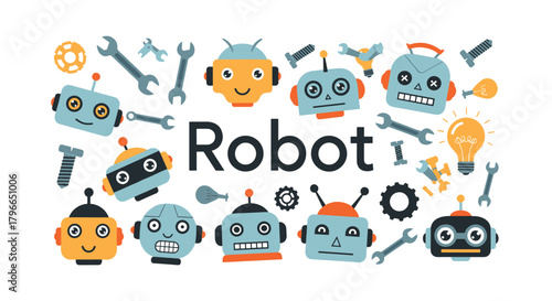 Cute cartoon robots and mechanical parts illustration with the word robot in the center.