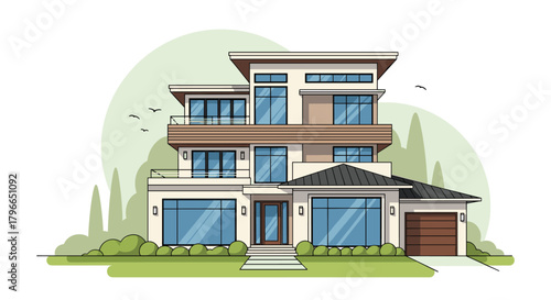 Modern multi-story house with large windows and a garage in a suburban setting.