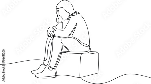 Single line drawing of a person sitting with head down